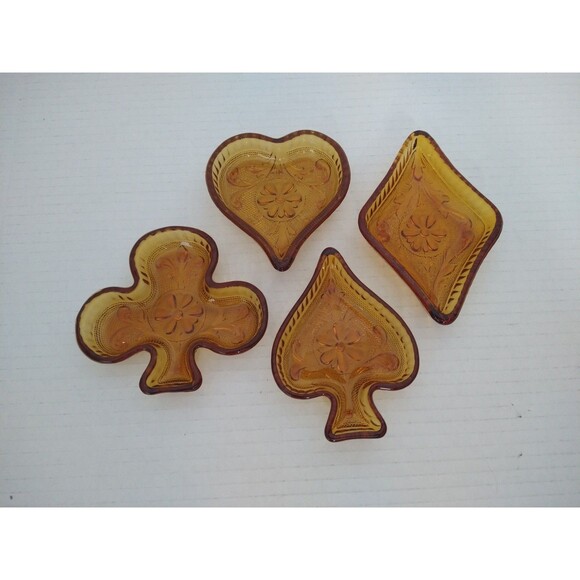 Set VTG Tiara Indiana Glass Amber Card Suits Sandwich Pattern Trinket Candy Dish - Picture 1 of 6